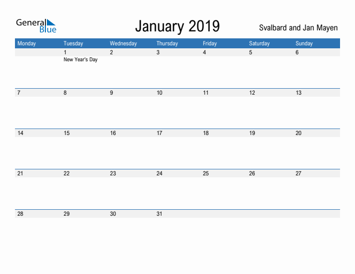 Fillable January 2019 Calendar