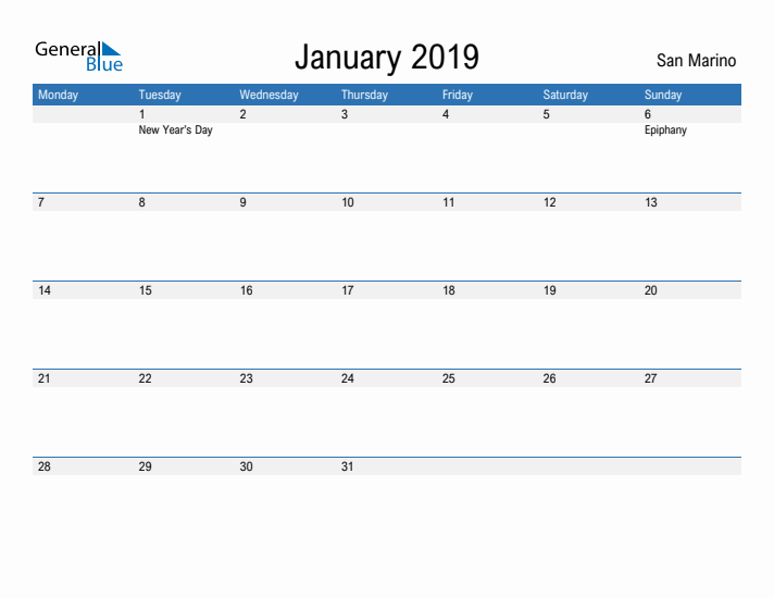 Fillable January 2019 Calendar