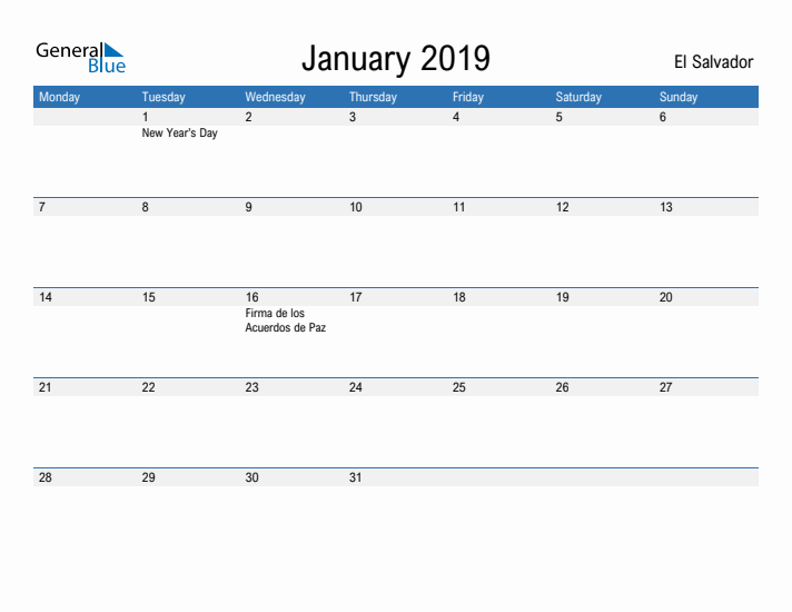 Fillable January 2019 Calendar