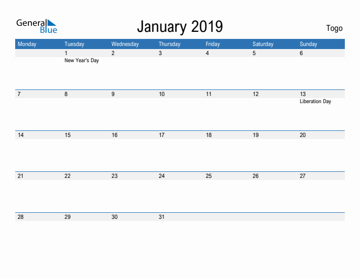 Fillable January 2019 Calendar