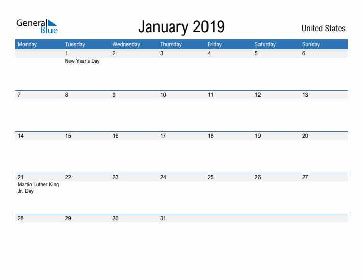 Fillable January 2019 Calendar