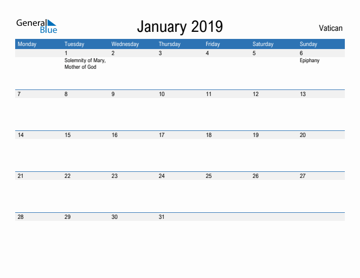 Fillable January 2019 Calendar