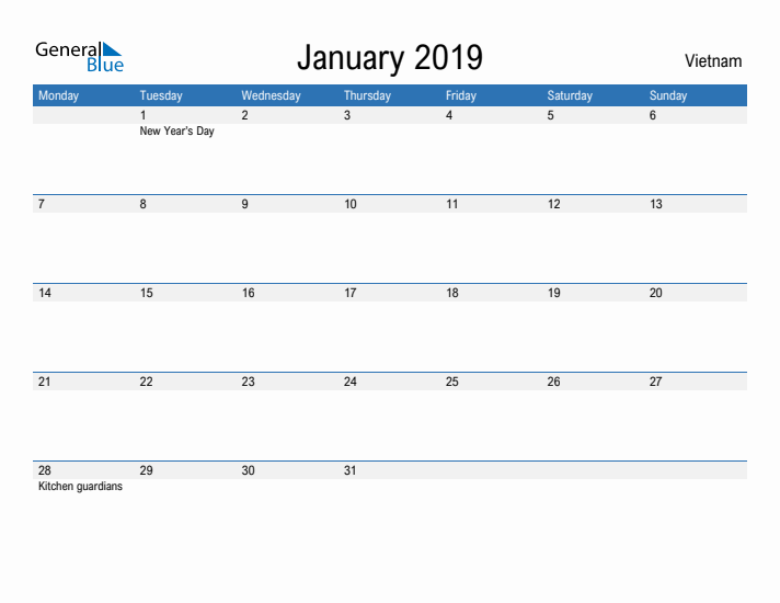 Fillable January 2019 Calendar