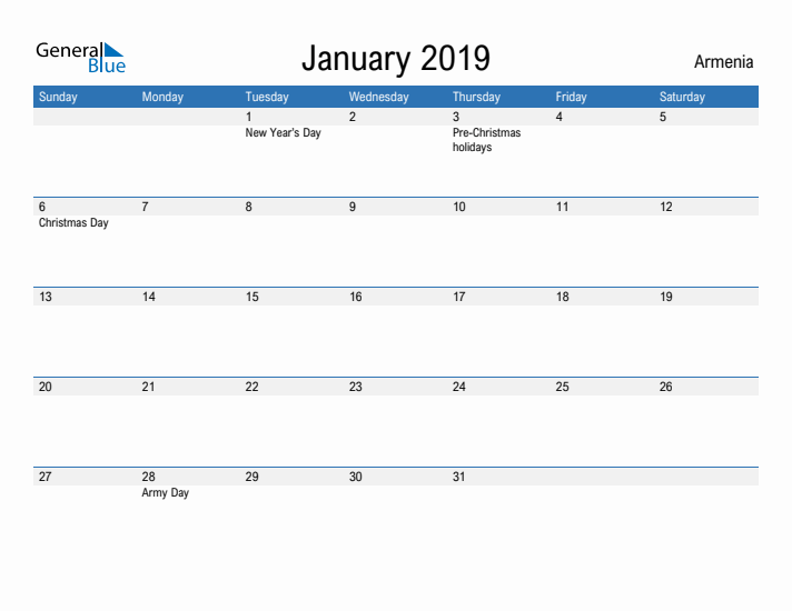 Fillable January 2019 Calendar