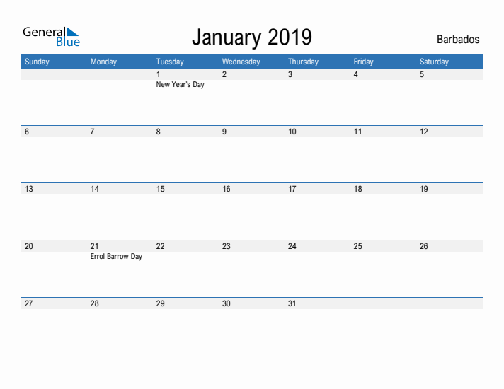 Fillable January 2019 Calendar