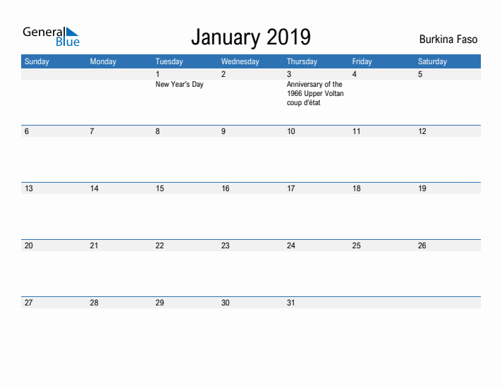 Fillable January 2019 Calendar