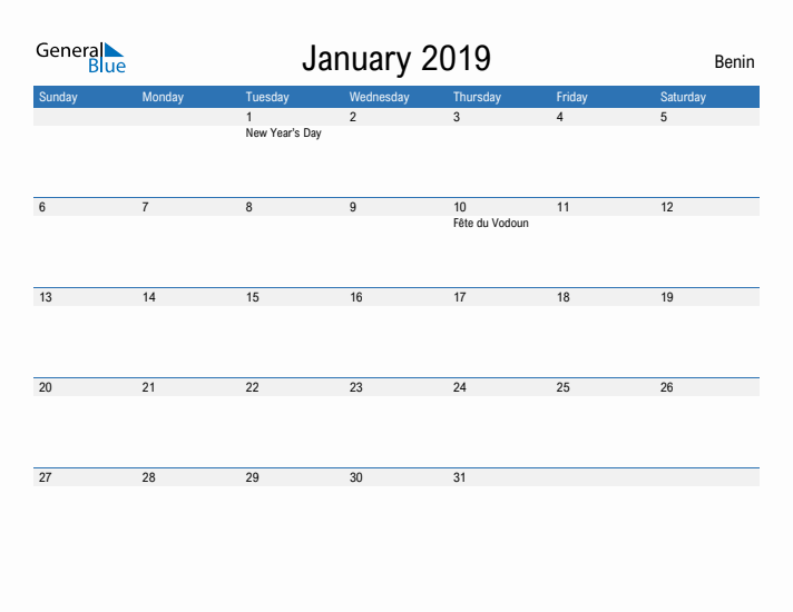 Fillable January 2019 Calendar