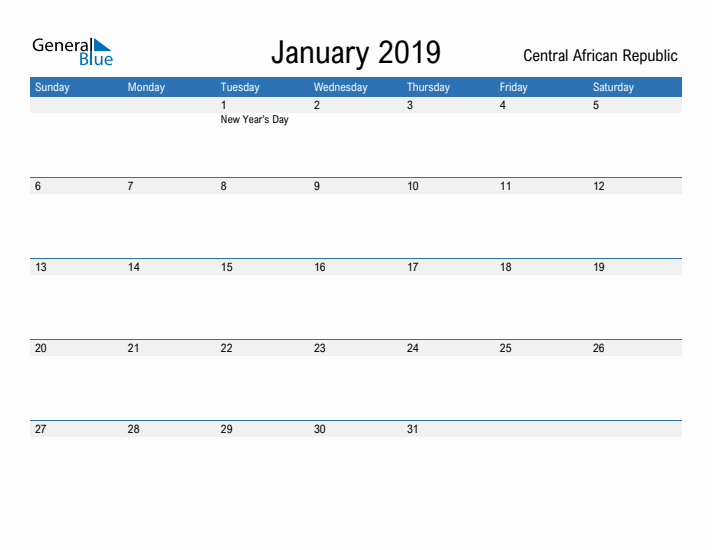 Fillable January 2019 Calendar