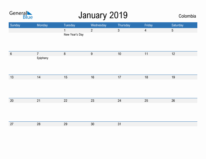 Fillable January 2019 Calendar