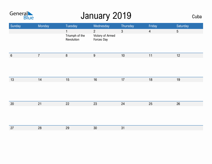 Fillable January 2019 Calendar