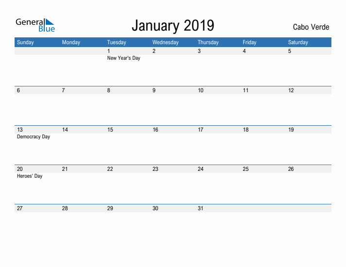 Fillable January 2019 Calendar