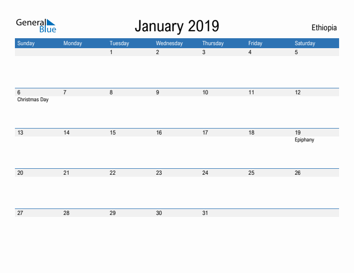 Fillable January 2019 Calendar