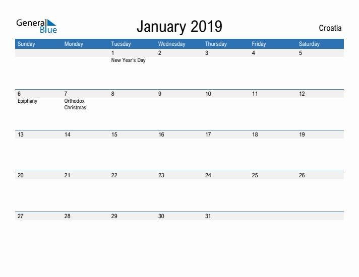 Fillable January 2019 Calendar