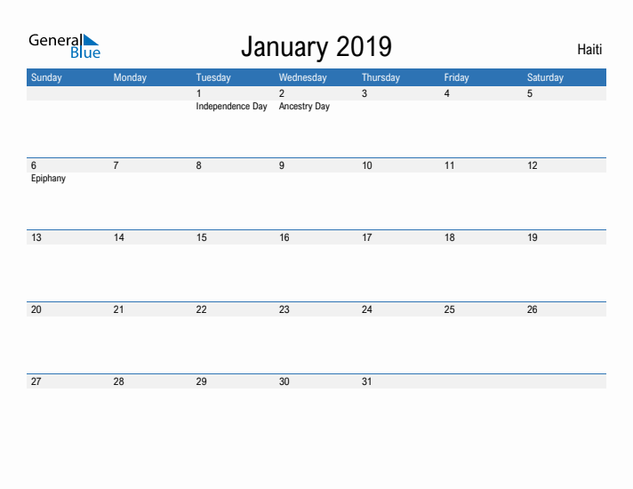 Fillable January 2019 Calendar