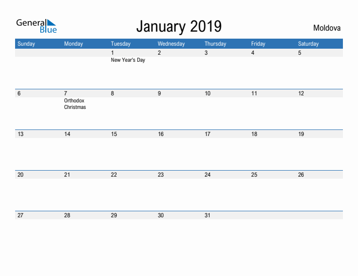 Fillable January 2019 Calendar