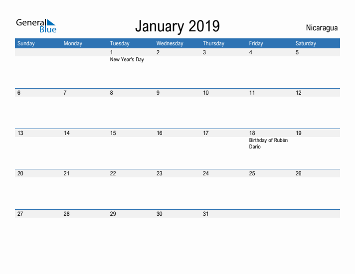 Fillable January 2019 Calendar