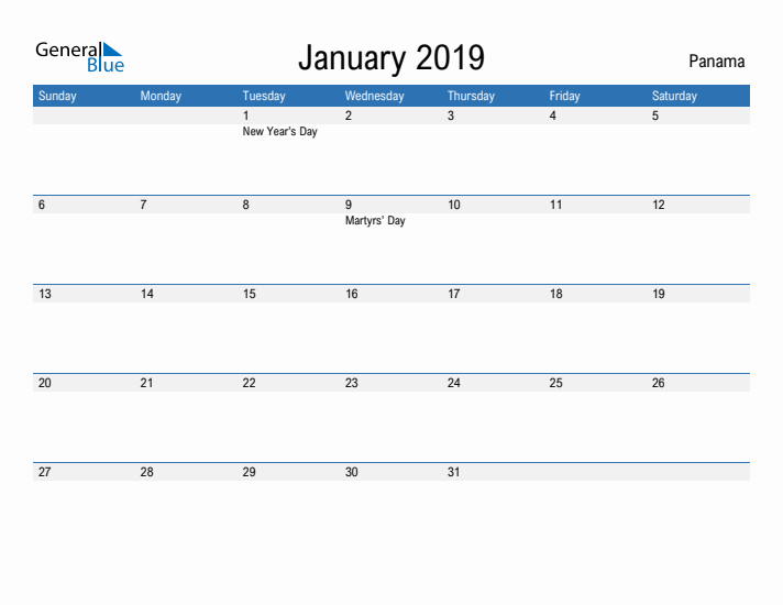 Fillable January 2019 Calendar