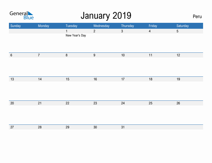 Fillable January 2019 Calendar