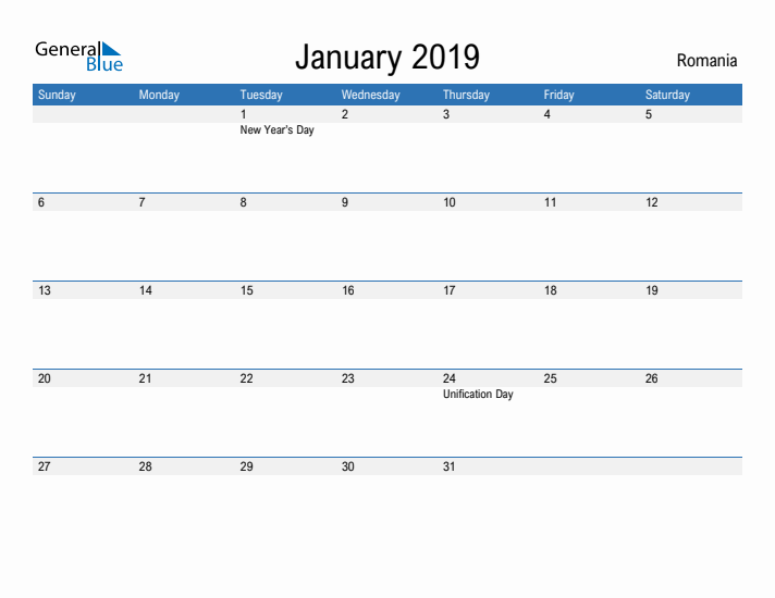 Fillable January 2019 Calendar