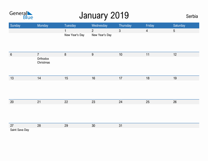 Fillable January 2019 Calendar