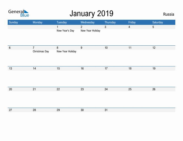 Fillable January 2019 Calendar