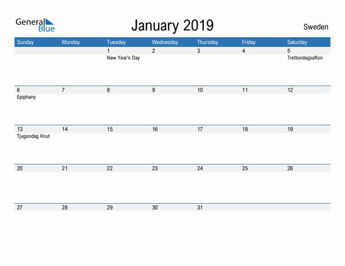 Fillable January 2019 Calendar