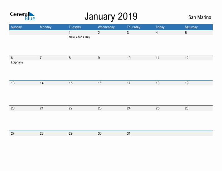 Fillable January 2019 Calendar