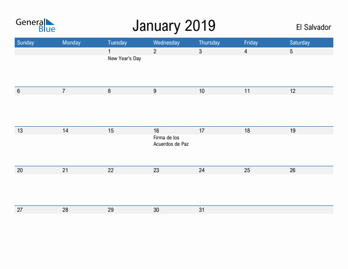 Fillable January 2019 Calendar