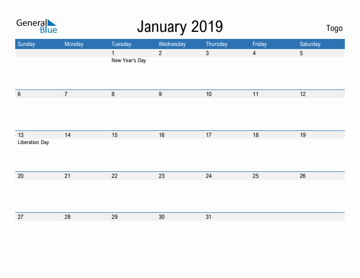 Fillable January 2019 Calendar