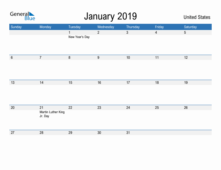 Fillable January 2019 Calendar