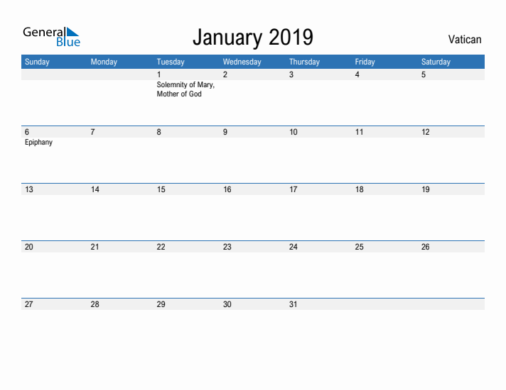 Fillable January 2019 Calendar