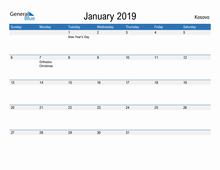 Fillable January 2019 Calendar