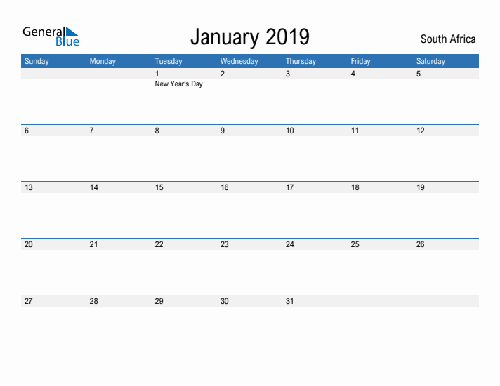 Fillable January 2019 Calendar