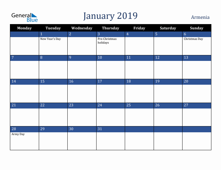 January 2019 Armenia Calendar (Monday Start)