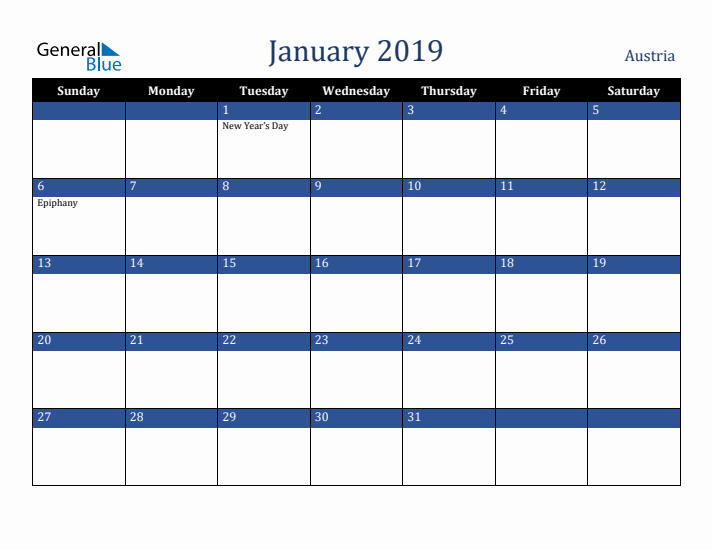 January 2019 Austria Calendar (Sunday Start)