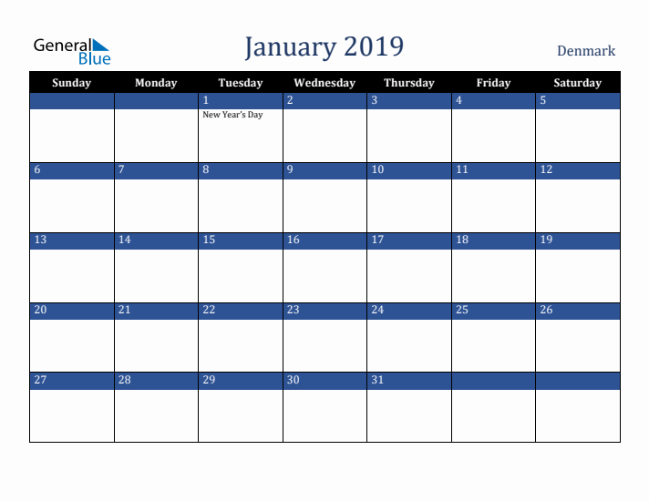 January 2019 Denmark Calendar (Sunday Start)