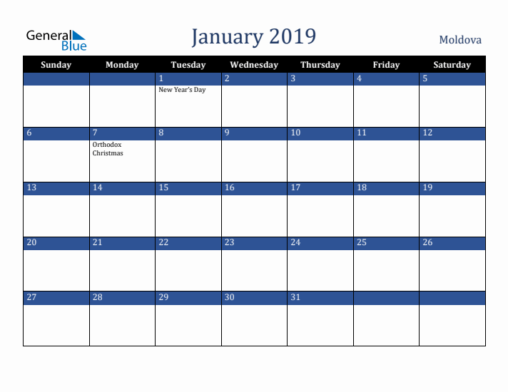 January 2019 Moldova Calendar (Sunday Start)