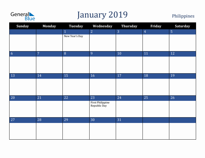 January 2019 Philippines Calendar (Sunday Start)