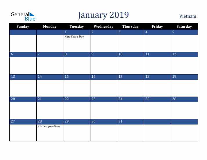 January 2019 Vietnam Calendar (Sunday Start)