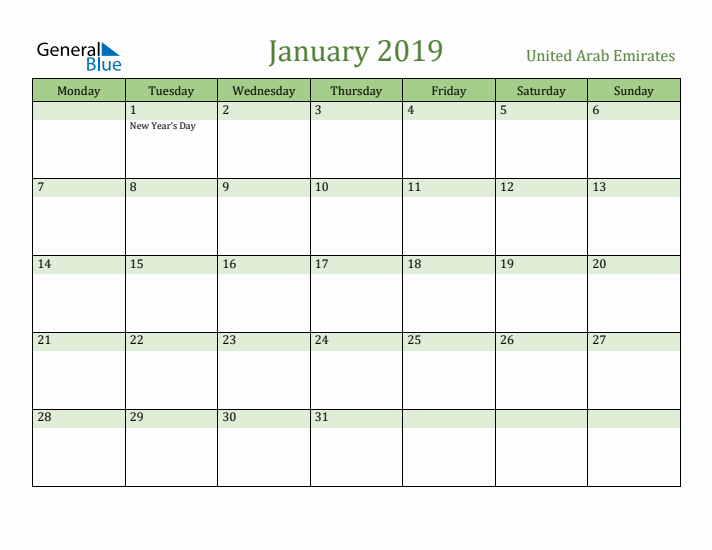 January 2019 Calendar with United Arab Emirates Holidays