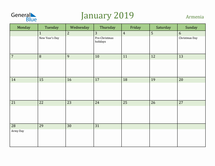 January 2019 Calendar with Armenia Holidays