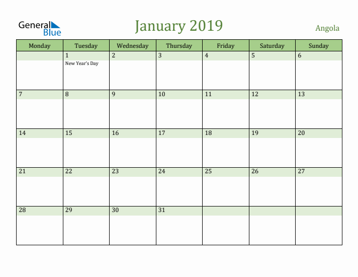 January 2019 Calendar with Angola Holidays