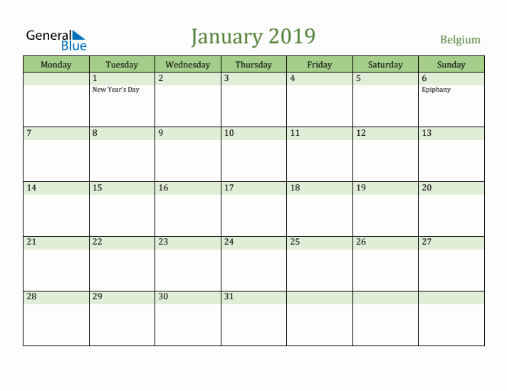 January 2019 Calendar with Belgium Holidays