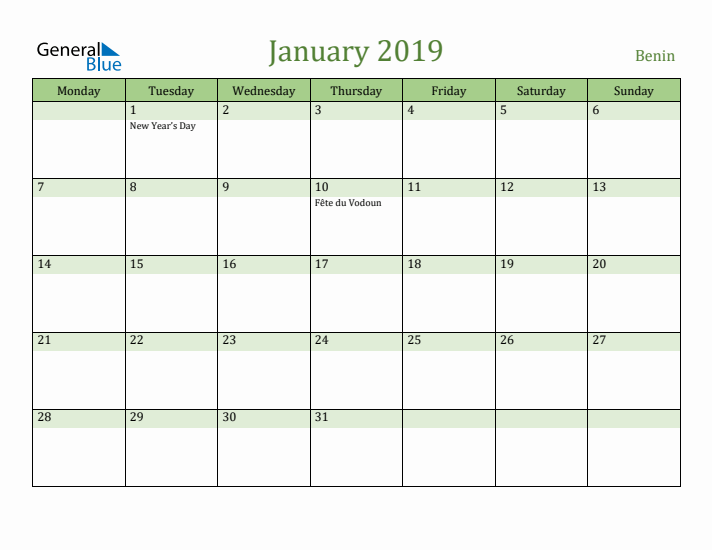 January 2019 Calendar with Benin Holidays