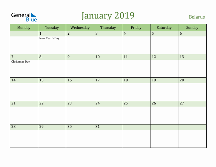 January 2019 Calendar with Belarus Holidays