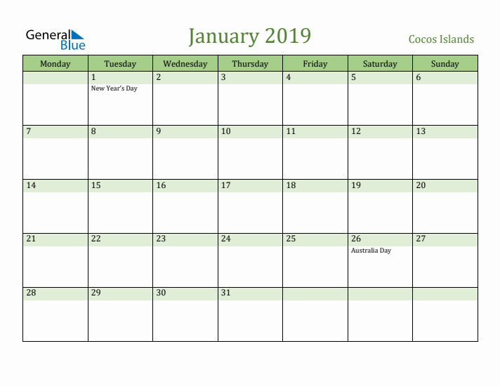 January 2019 Calendar with Cocos Islands Holidays