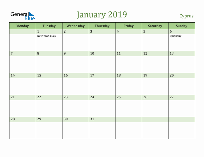 January 2019 Calendar with Cyprus Holidays