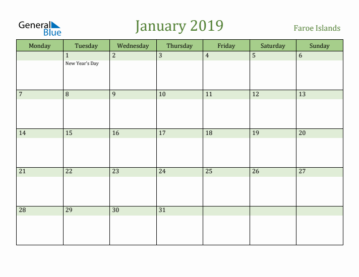 January 2019 Calendar with Faroe Islands Holidays