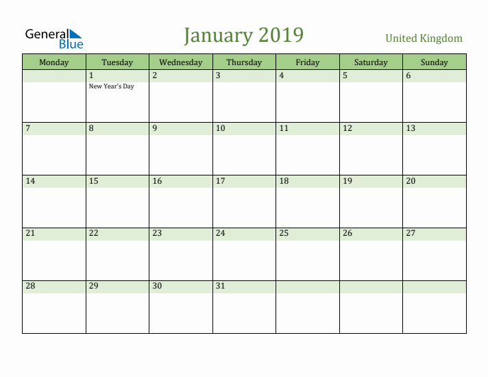 January 2019 Calendar with United Kingdom Holidays