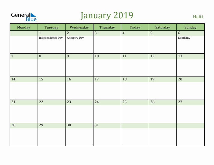 January 2019 Calendar with Haiti Holidays